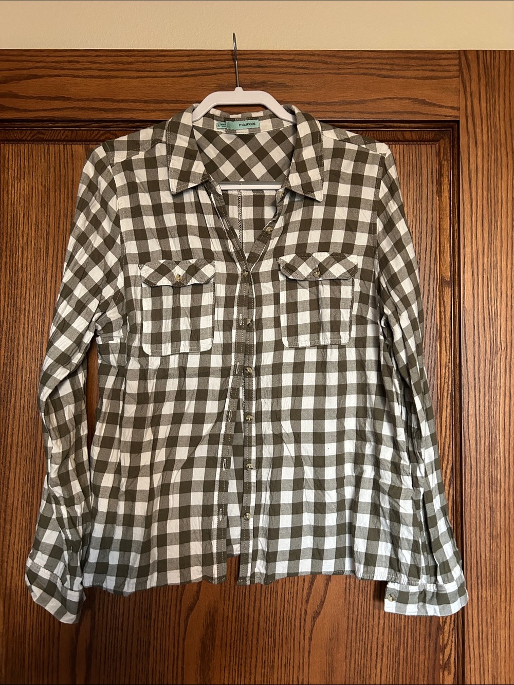 Maurices Olive Green and White Plaid Button-Down Shirt